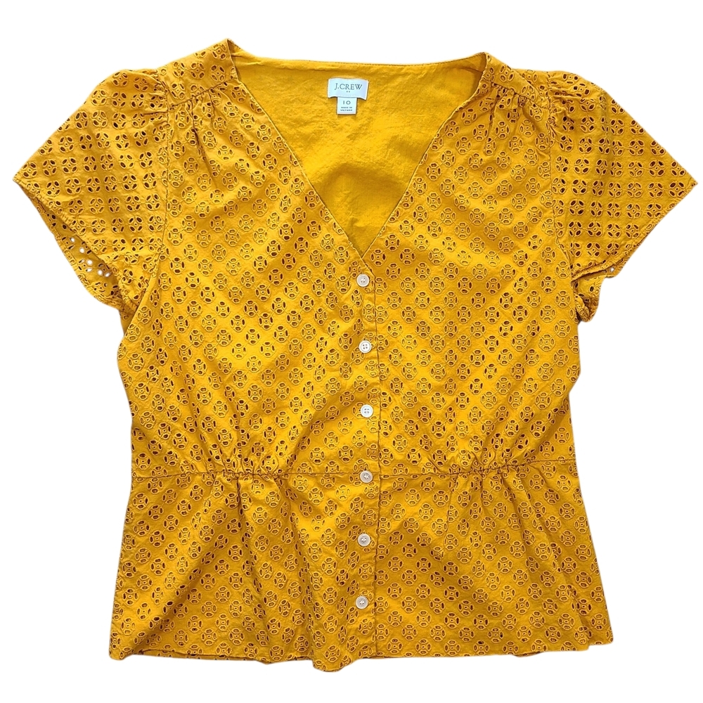 J.Crew Yellow Eyelet Peplum Top Button Front Cotton Blouse Sz 10 Summer - Picture 2 of 12